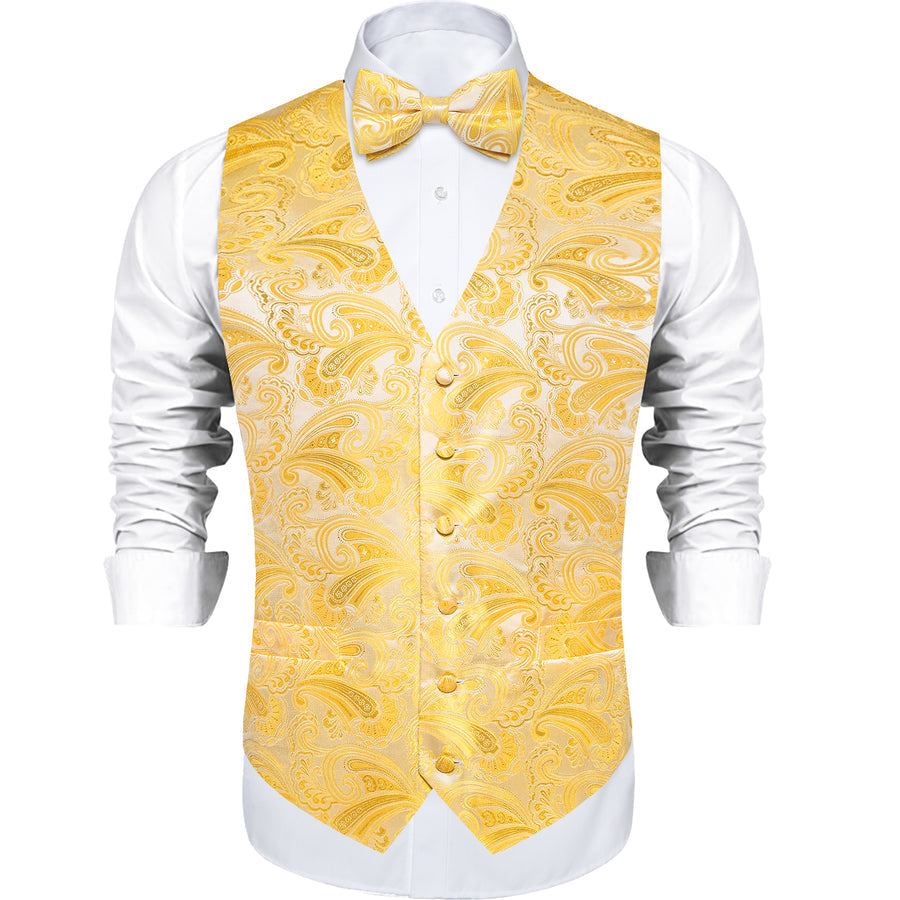 Butter Yellow Paisley Bowtie Vest Set vest set    - Sophisticated Gentlemen