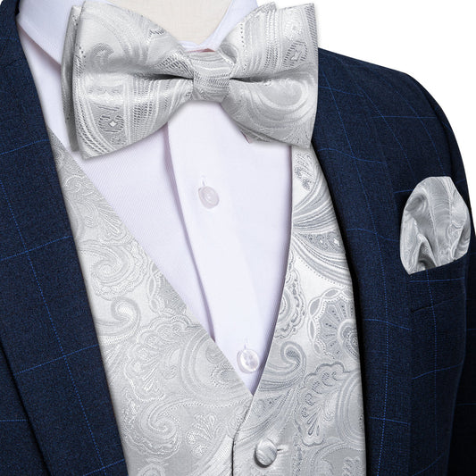 Light Grey Paisley Silk Vest Set vest set S (Chest 40")   - Sophisticated Gentlemen