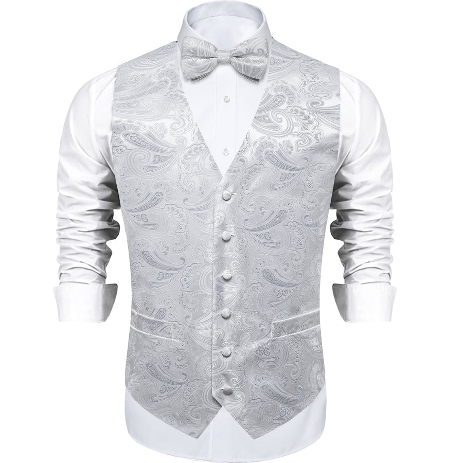 Light Grey Paisley Silk Vest Set vest set    - Sophisticated Gentlemen