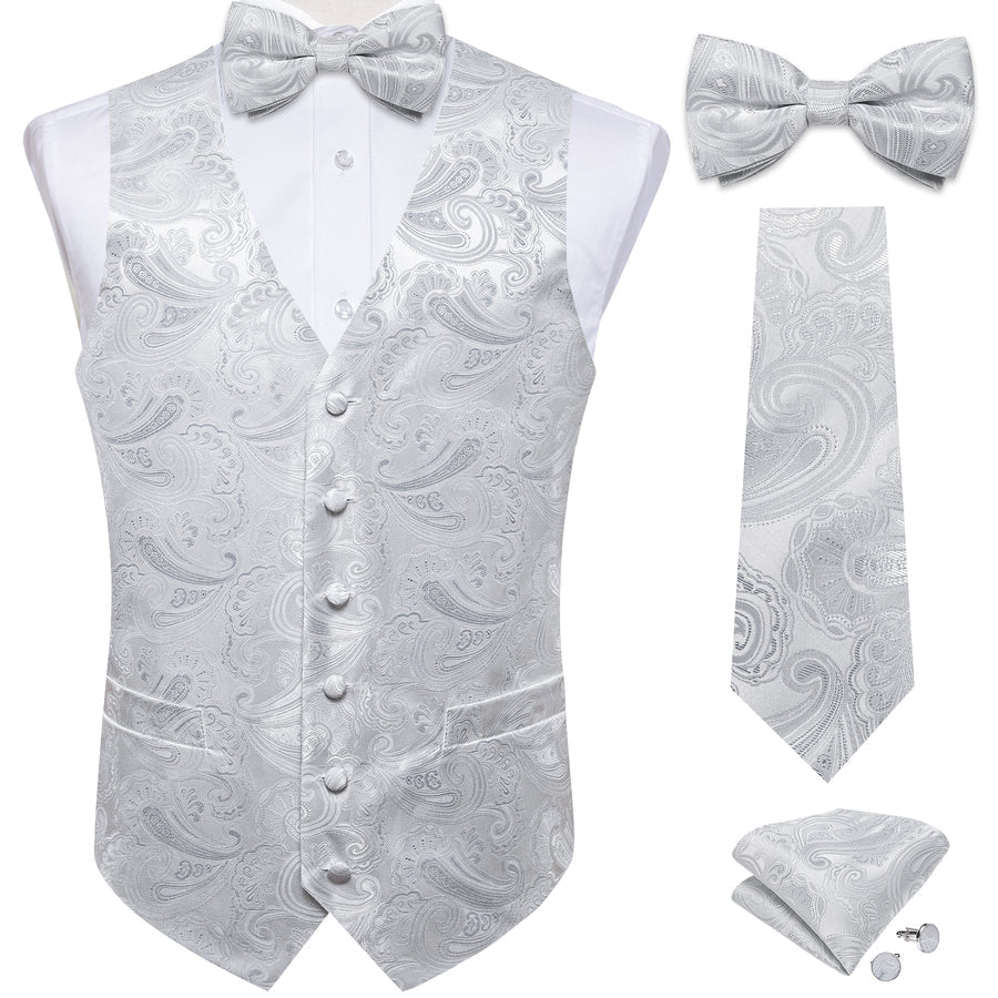 Light Grey Paisley Silk Vest Set vest set    - Sophisticated Gentlemen