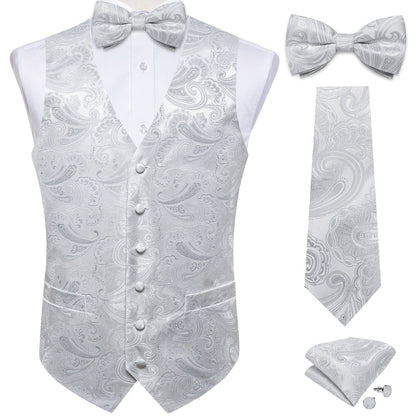 Light Grey Paisley Silk Vest Set vest set    - Sophisticated Gentlemen