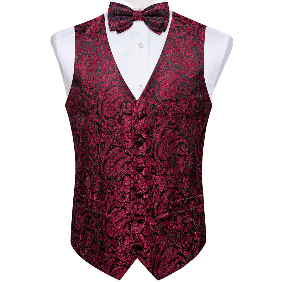 Black Burgundy Paisley Silk Vest Set vest set    - Sophisticated Gentlemen