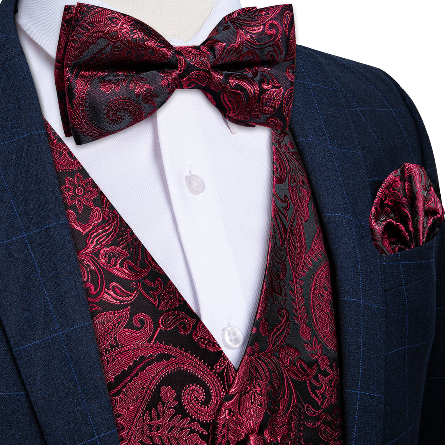 Black Burgundy Paisley Silk Vest Set vest set S (Chest 40")   - Sophisticated Gentlemen