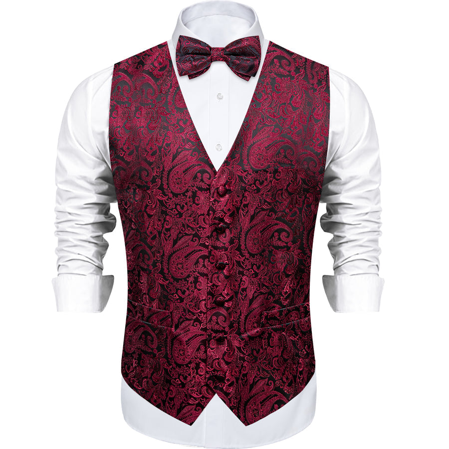 Black Burgundy Paisley Silk Vest Set vest set    - Sophisticated Gentlemen