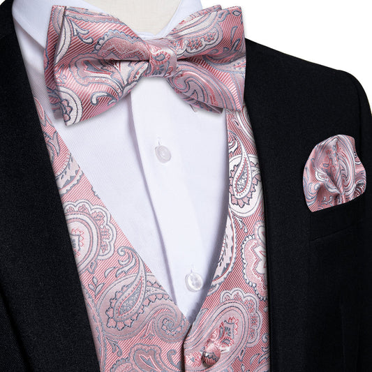 Pink Paisley Men's Bowtie Vest Set vest set S (Chest 40")   - Sophisticated Gentlemen