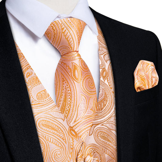 Shiny Orange Paisley Vest Set vest set S (Chest 40")   - Sophisticated Gentlemen