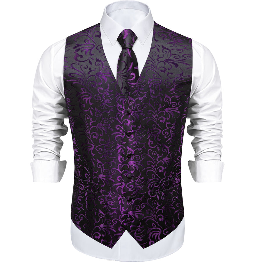 Purple Black Floral Jacquard Luxury Vest Set vest set    - Sophisticated Gentlemen