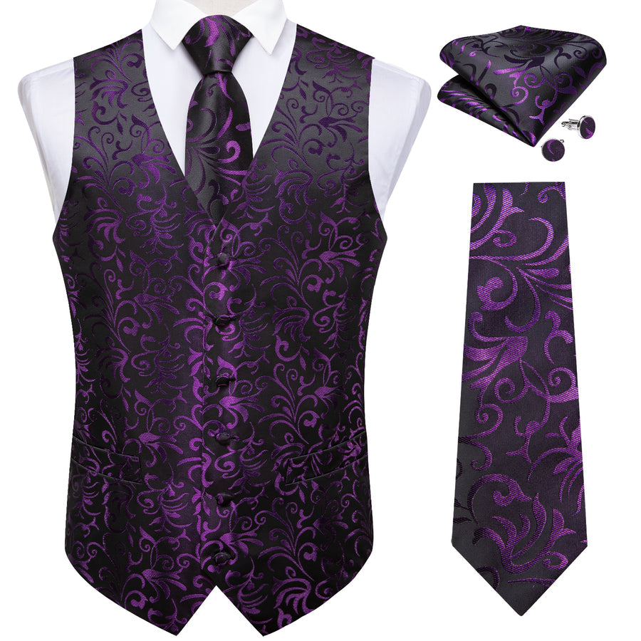 Purple Black Floral Jacquard Luxury Vest Set vest set    - Sophisticated Gentlemen