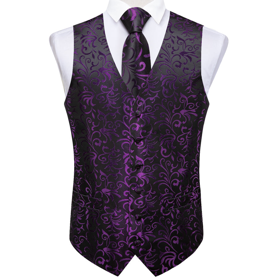 Purple Black Floral Jacquard Luxury Vest Set vest set    - Sophisticated Gentlemen
