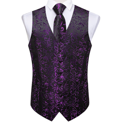 Purple Black Floral Jacquard Luxury Vest Set vest set    - Sophisticated Gentlemen