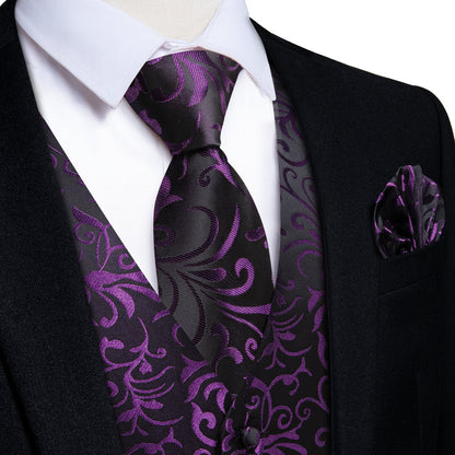 Purple Black Floral Jacquard Luxury Vest Set vest set S (Chest 40")   - Sophisticated Gentlemen