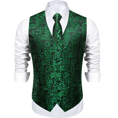 Black Green Floral Men's Vest Set vest set    - Sophisticated Gentlemen