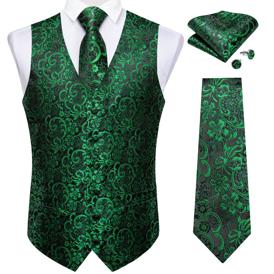Black Green Floral Men's Vest Set vest set    - Sophisticated Gentlemen