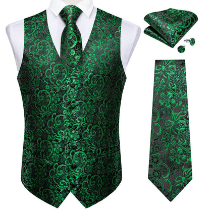 Black Green Floral Men's Vest Set vest set    - Sophisticated Gentlemen
