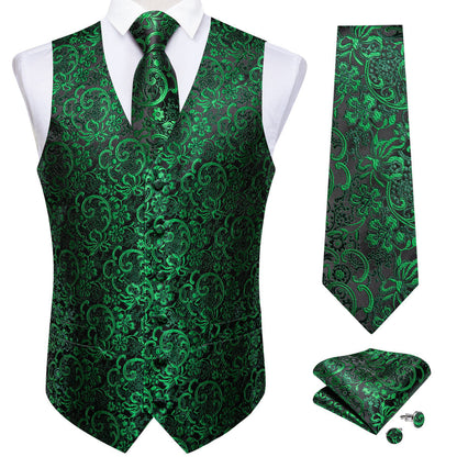 Black Green Floral Men's Vest Set vest set    - Sophisticated Gentlemen