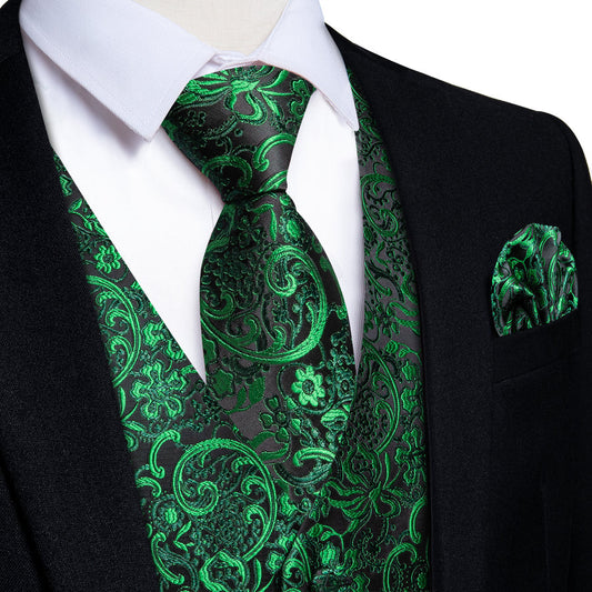 Black Green Floral Men's Vest Set vest set S (Chest 40")   - Sophisticated Gentlemen