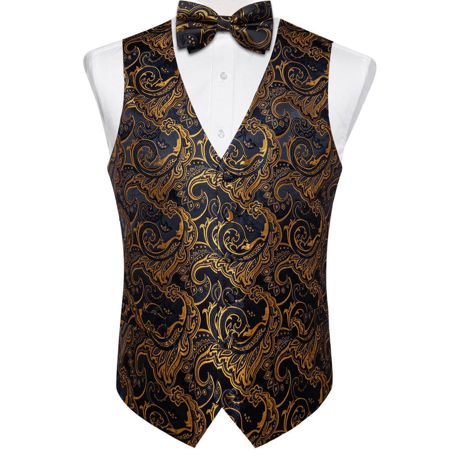 Black Gold Woven Floral Silk Suit Bowtie Vest Set vest set    - Sophisticated Gentlemen