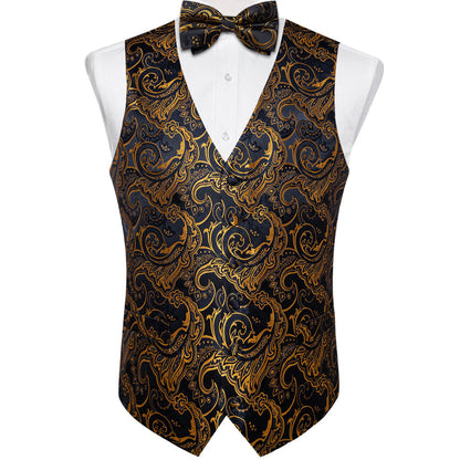 Black Gold Woven Floral Silk Suit Bowtie Vest Set vest set    - Sophisticated Gentlemen