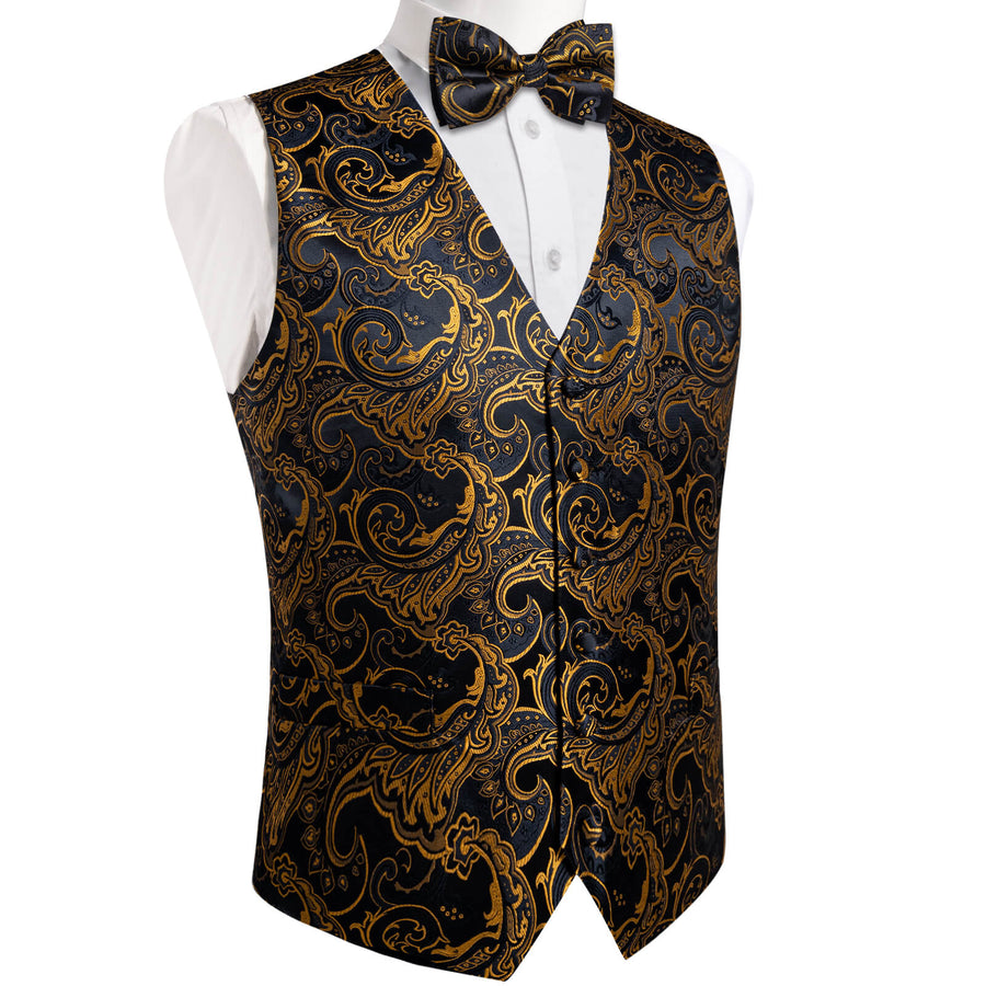 Black Gold Woven Floral Silk Suit Bowtie Vest Set vest set    - Sophisticated Gentlemen