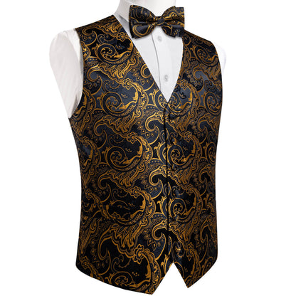 Black Gold Woven Floral Silk Suit Bowtie Vest Set vest set    - Sophisticated Gentlemen