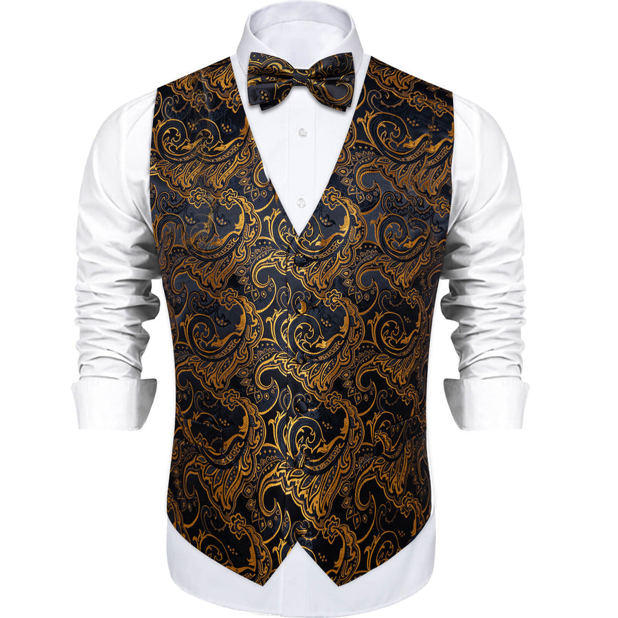 Black Gold Woven Floral Silk Suit Bowtie Vest Set vest set    - Sophisticated Gentlemen