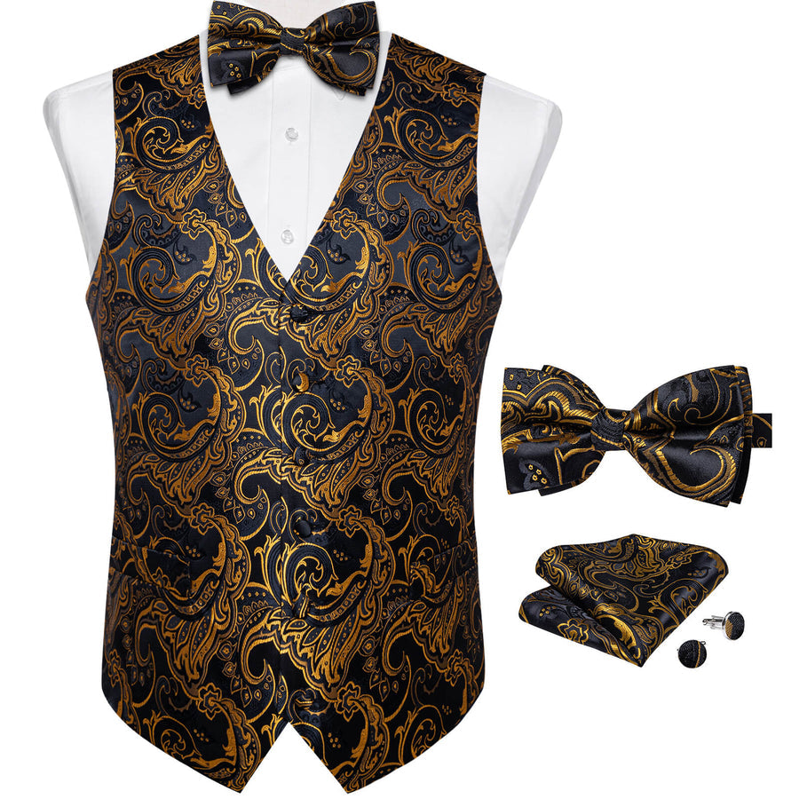 Black Gold Woven Floral Silk Suit Bowtie Vest Set vest set    - Sophisticated Gentlemen