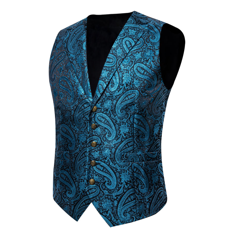 Lake Blue Paisley Jacquard Silk Men's Bowtie Vest Set vest set    - Sophisticated Gentlemen