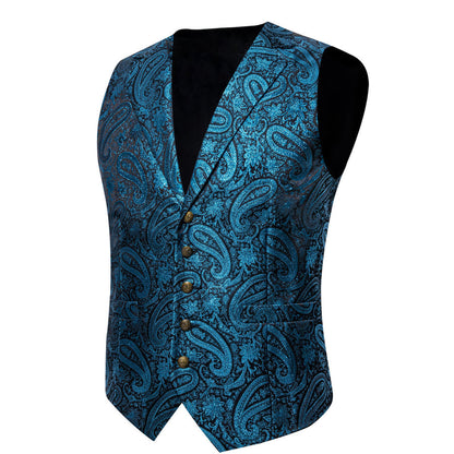 Lake Blue Paisley Jacquard Silk Men's Bowtie Vest Set vest set    - Sophisticated Gentlemen