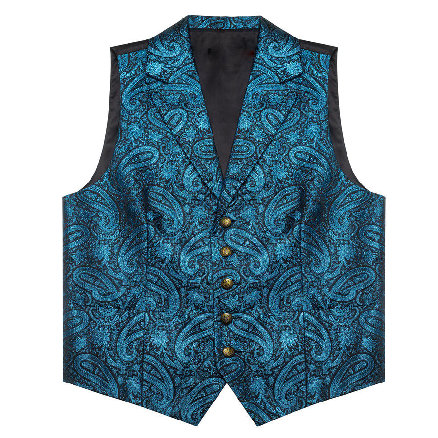 Lake Blue Paisley Jacquard Silk Men's Bowtie Vest Set vest set    - Sophisticated Gentlemen