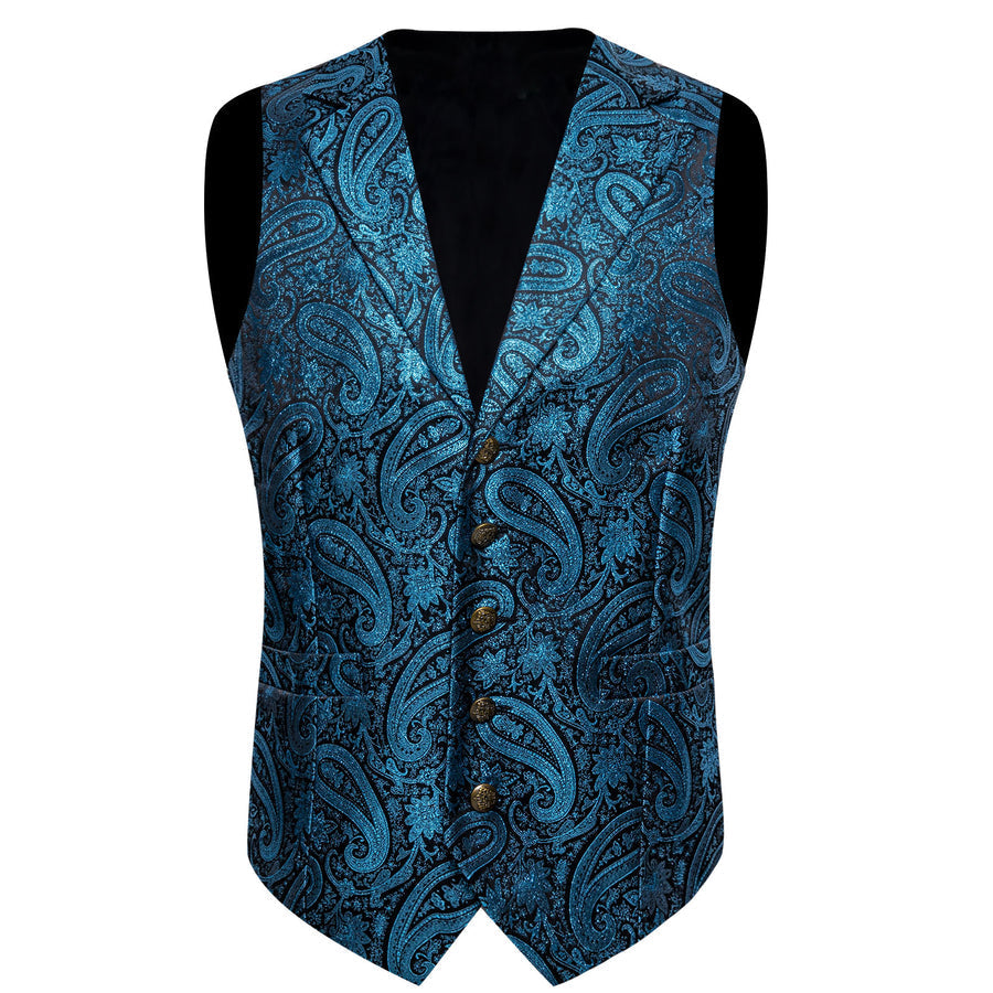 Lake Blue Paisley Jacquard Silk Men's Bowtie Vest Set vest set    - Sophisticated Gentlemen