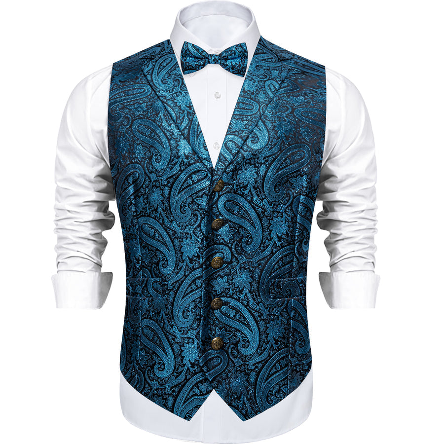 Lake Blue Paisley Jacquard Silk Men's Bowtie Vest Set vest set    - Sophisticated Gentlemen