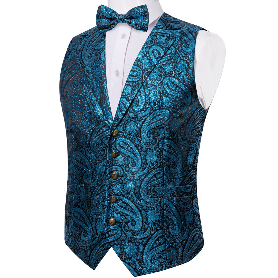Lake Blue Paisley Jacquard Silk Men's Bowtie Vest Set vest set    - Sophisticated Gentlemen