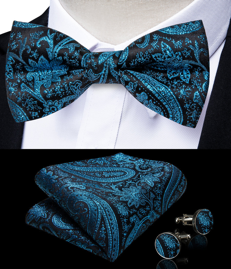 Lake Blue Paisley Jacquard Silk Men's Bowtie Vest Set vest set    - Sophisticated Gentlemen