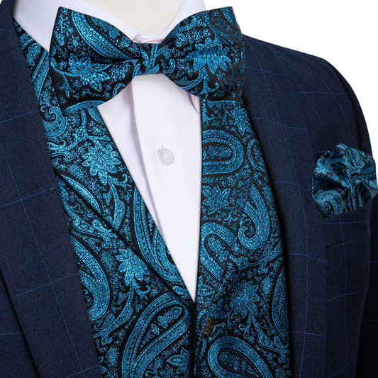 Lake Blue Paisley Jacquard Silk Men's Bowtie Vest Set vest set S (Chest 40")   - Sophisticated Gentlemen