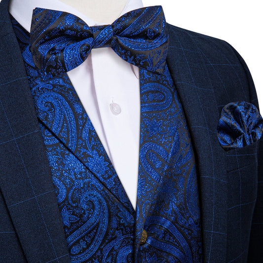 Navy Blue Paisley Jacquard Silk Vest Set vest set S (Chest 40")   - Sophisticated Gentlemen