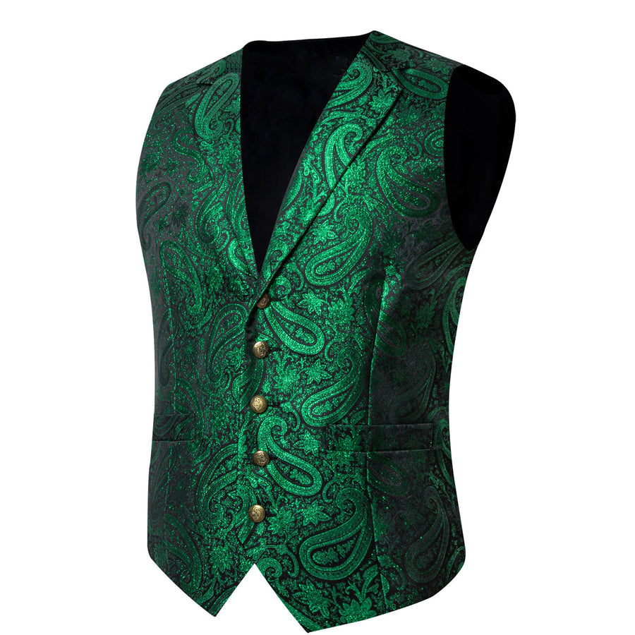 Emerald Green Paisley Jacquard Silk Vest Set vest set    - Sophisticated Gentlemen