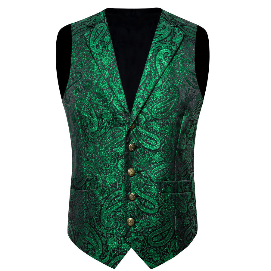 Emerald Green Paisley Jacquard Silk Vest Set vest set    - Sophisticated Gentlemen