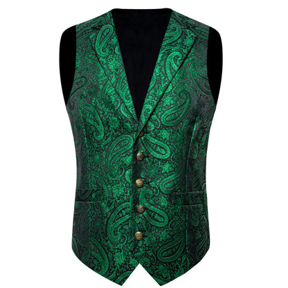 Emerald Green Paisley Jacquard Silk Vest Set vest set    - Sophisticated Gentlemen