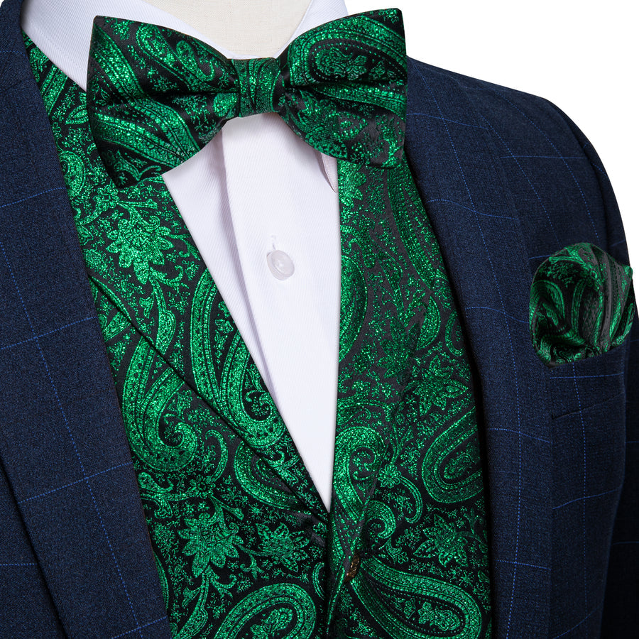 Emerald Green Paisley Jacquard Silk Vest Set vest set S (Chest 40")   - Sophisticated Gentlemen