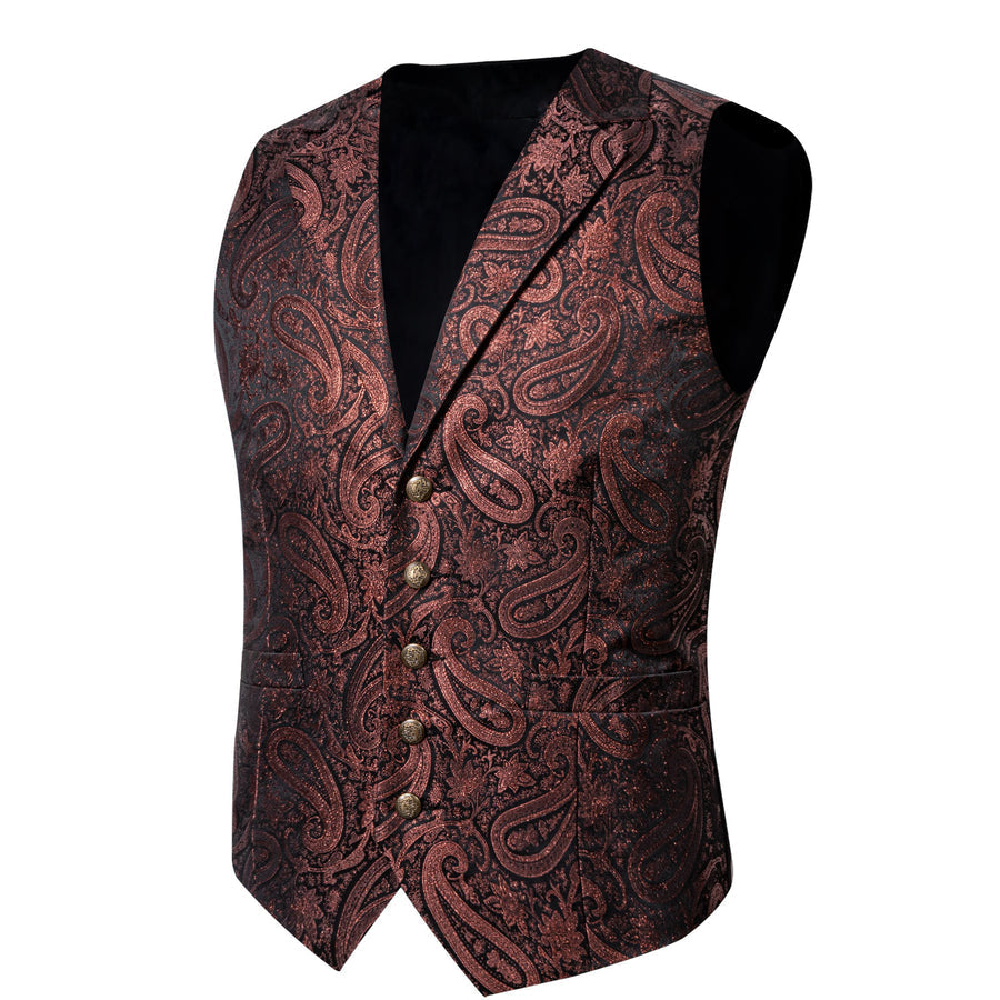 Brown Red Paisley Jacquard Silk Men's Collar Bowtie Vest Set vest set    - Sophisticated Gentlemen