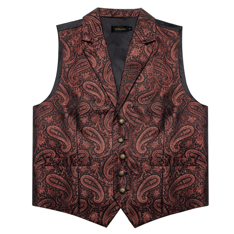 Brown Red Paisley Jacquard Silk Men's Collar Bowtie Vest Set vest set    - Sophisticated Gentlemen
