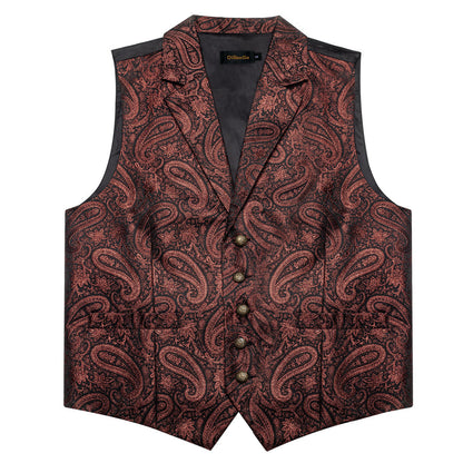 Brown Red Paisley Jacquard Silk Men's Collar Bowtie Vest Set vest set    - Sophisticated Gentlemen