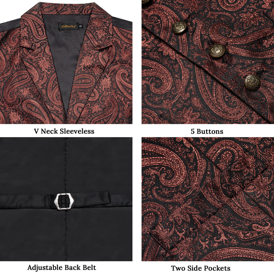 Brown Red Paisley Jacquard Silk Men's Collar Bowtie Vest Set vest set    - Sophisticated Gentlemen