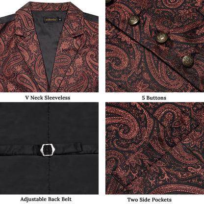 Brown Red Paisley Jacquard Silk Men's Collar Bowtie Vest Set vest set    - Sophisticated Gentlemen