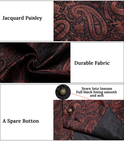 Brown Red Paisley Jacquard Silk Men's Collar Bowtie Vest Set vest set    - Sophisticated Gentlemen