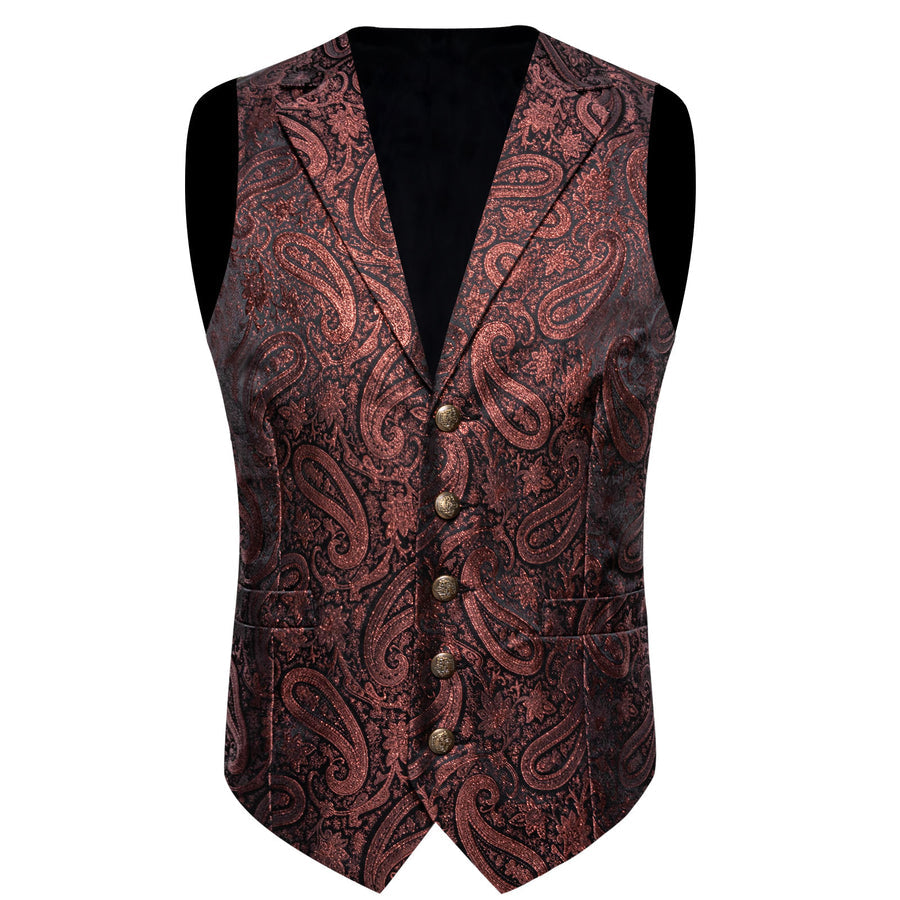 Brown Red Paisley Jacquard Silk Men's Collar Bowtie Vest Set vest set    - Sophisticated Gentlemen