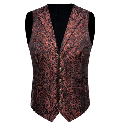 Brown Red Paisley Jacquard Silk Men's Collar Bowtie Vest Set vest set    - Sophisticated Gentlemen