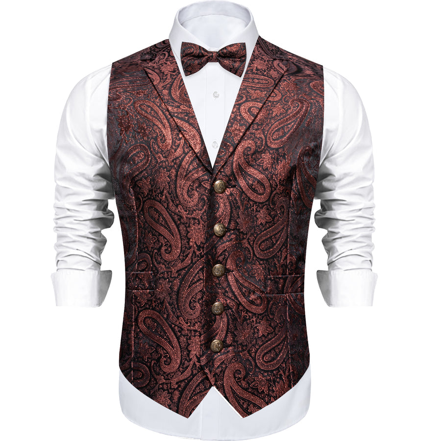 Brown Red Paisley Jacquard Silk Men's Collar Bowtie Vest Set vest set    - Sophisticated Gentlemen