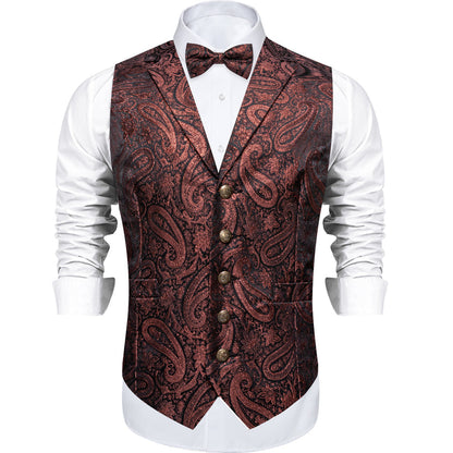 Brown Red Paisley Jacquard Silk Men's Collar Bowtie Vest Set vest set    - Sophisticated Gentlemen