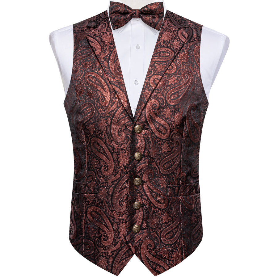 Brown Red Paisley Jacquard Silk Men's Collar Bowtie Vest Set vest set    - Sophisticated Gentlemen